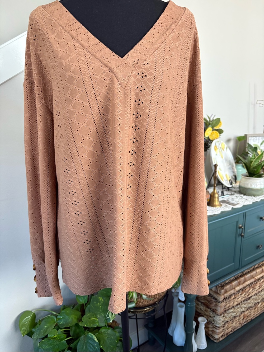 Women's V-Neck Eyelet Knit Sweater in Dusty Clay
